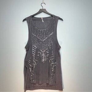 FREE PEOPLE Dark Gray Beaded Mesh Long Tunic Tank Top Size XS